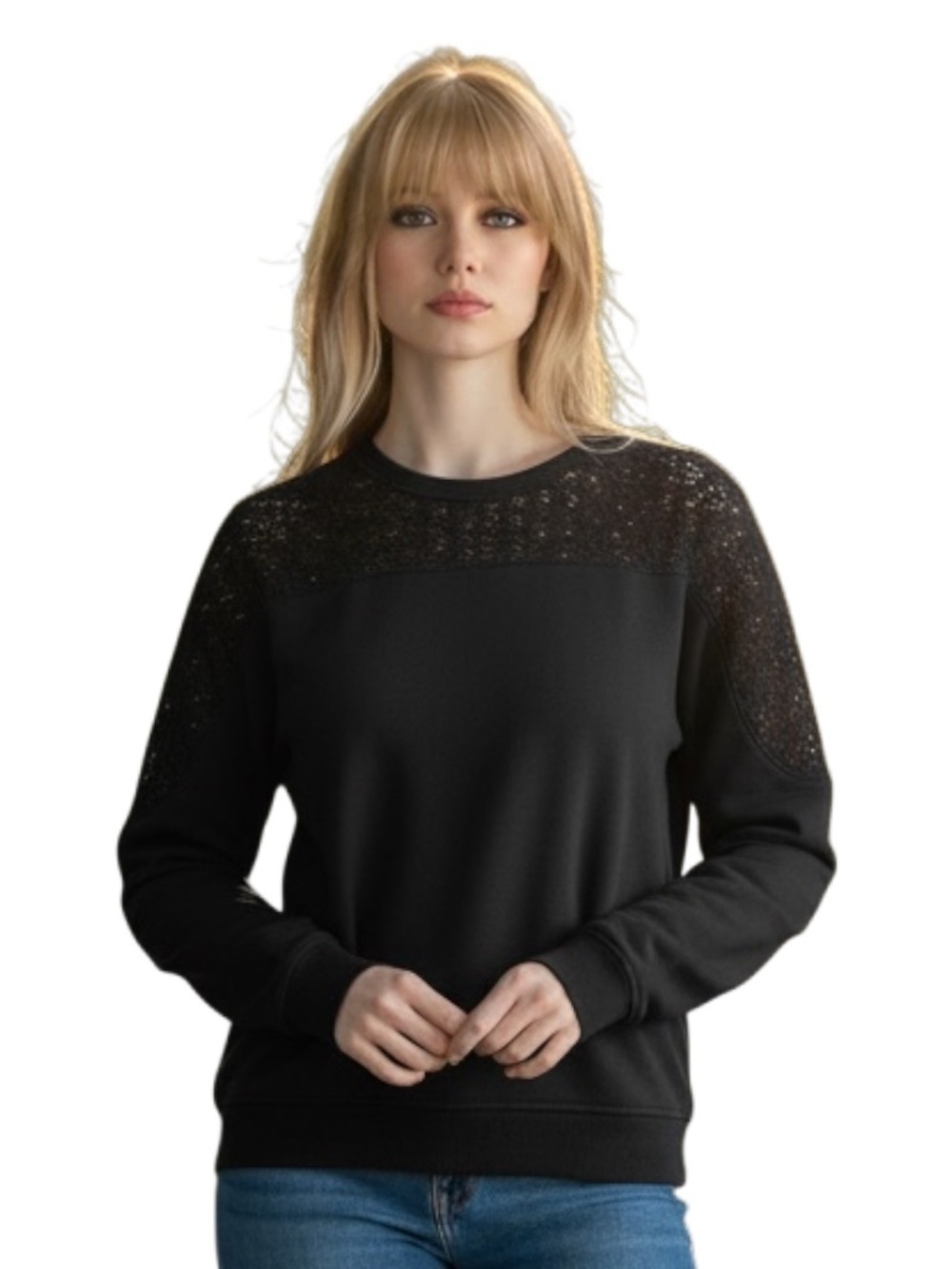 EXPRESS L Black Crochet Top & Shoulder Design Sweatshirt R $64 - Picture 1 of 13